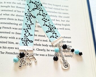 Music Ribbon Bookmark, Guitar Charm Beaded Bookmarker Book Jewelry, Instruments Musical Notes Teacher Gifts and Accessories in Aqua Blue