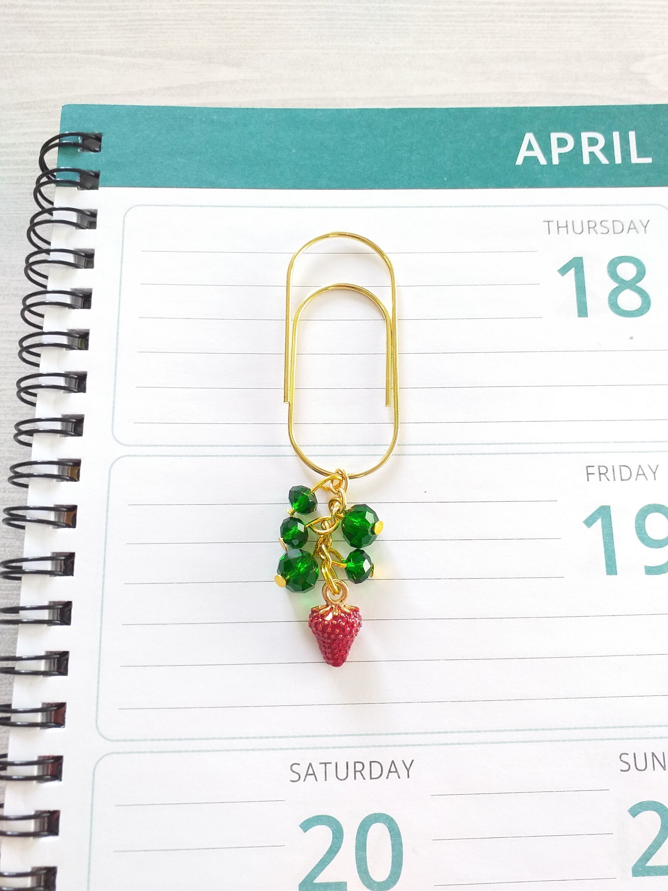 Strawberry Wide Paperclip, Glazed Strawberries Charm Large Paper Clip, Journal Accessories with Dark Green Crystal Beads, Fruit Diet Planner
