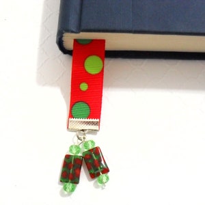 Christmas Ribbon Bookmark, Teacher Gifts, Red and Green Ribbon Bookmarker, Holiday Beaded Book Jewelry, Seasonal Christmas Ribbon Bow Charm image 3