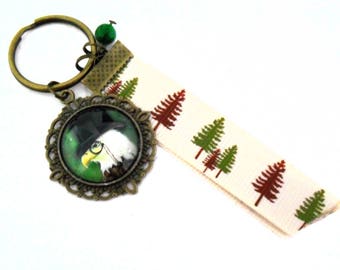 Steampunk Eagle Keychain, Bald Eagle Key Chain with Forest Trees Ribbon Print and Grass Green Bead, Nature Outdoors Wildlife Cottage Gifts