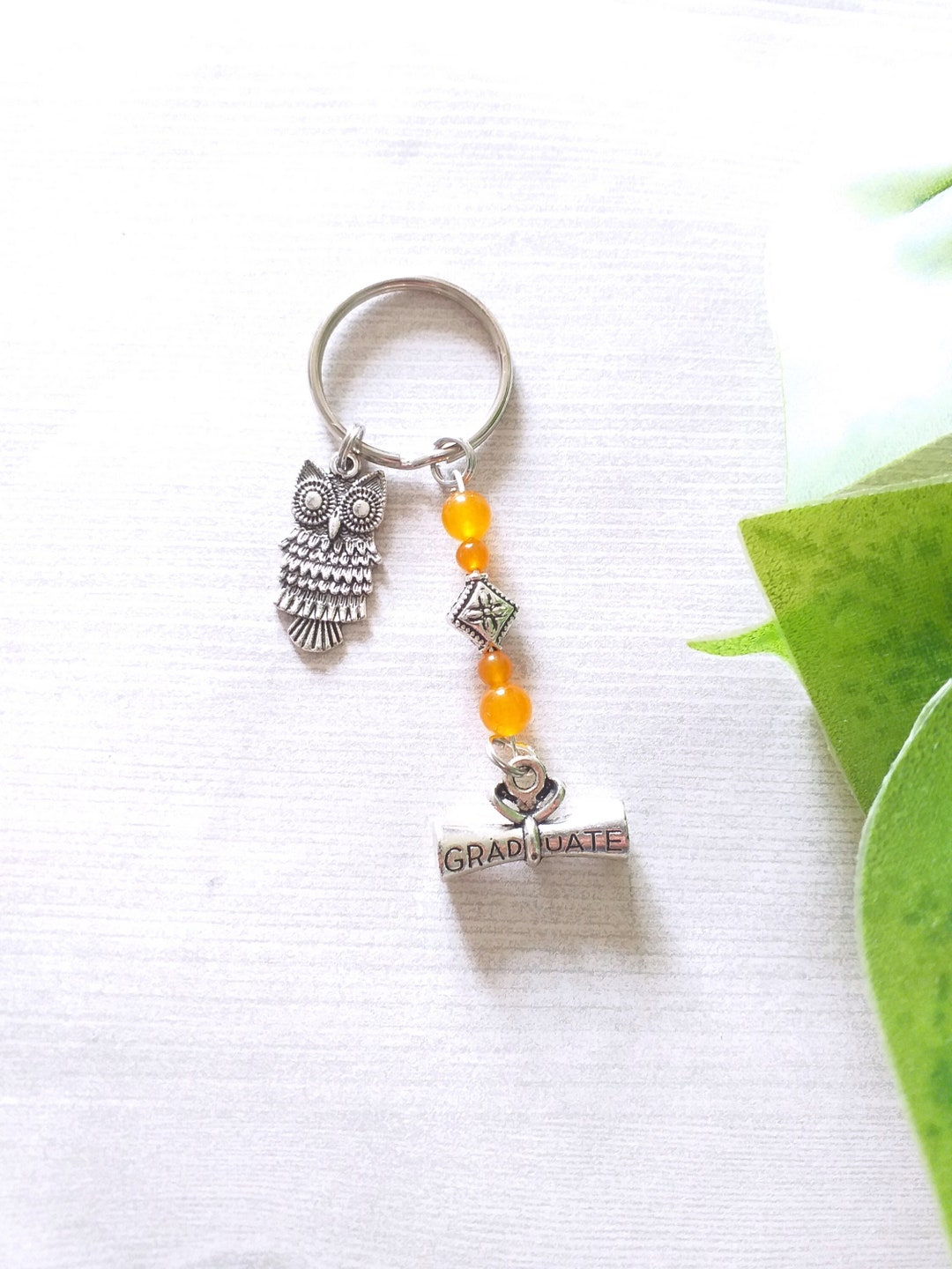 Graduation Keychain With Diploma Scroll and Owl Charm and Orange Beads ...