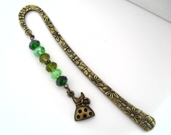 Dress Charm Bookmark with Metal Flower Hook Book Mark, Green Crystal Beads Fashion Bookmarker for Novels, Planners and Journals, Gifts
