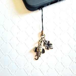 Phone Charm Strap, Mobile String Loop Lanyard, iPhone Corded Lariat Pendant, Android Cell Phone Case Accessory, Spirit Elephant and Clover
