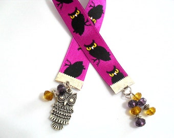 Owl Charm Bookmark, Halloween Beaded Book Mark, Smart Intelligent Owl Pendant Purple & Yellow Crystal Beads, Back to School