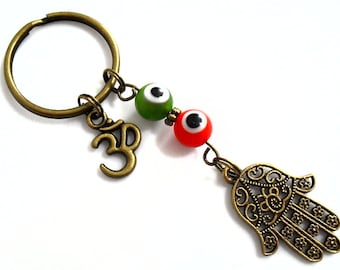 Hamsa Hand Keychain with Spiritual Om Charm, Evil Eyes Beaded Key Chain Bohemian Protection Against Evil Jewelry, Yoga Keyring Accessories