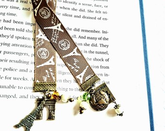 Paris Travel Ribbon Bookmark, Eiffel Tower Pendant Charm Beaded Book Mark, France Planner Jewelry, Gifts for French Teachers, Passport Globe