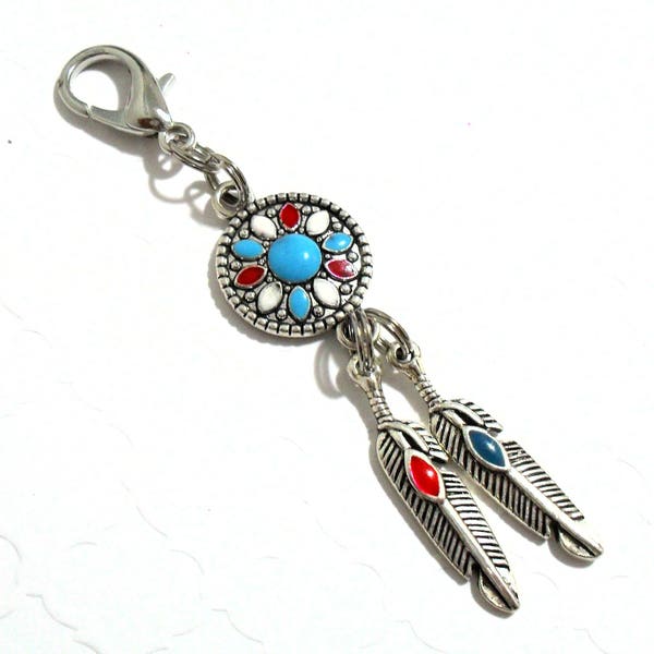 Dreamcatcher Planner Charm, Feather Charms Keychain, Dream Catcher Zipper Pull in Aqua Blue and Maroon Red, Native Spiritual Beliefs Clip
