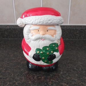 Vintage Santa Clause Cookie Jar from 1990s, Holiday Ceramic Santa Holding Green Christmas Tree, Small Cookie Jar with Lid, Festive Kitchen