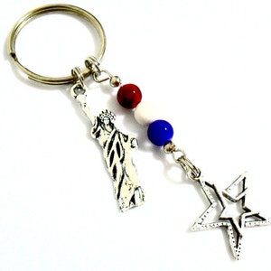 Patriotic Keychain, Statue of Liberty Key Chain, New York City Key Ring, USA American Flag Red White Blue Jewelry on Stainless Steel Keyring image 1