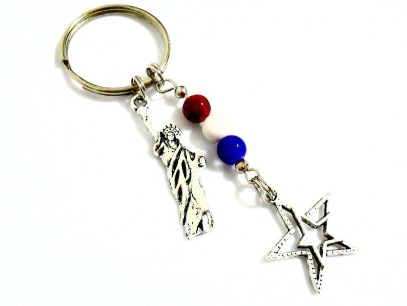 American Flag Red White Blue Jewelry on Stainless Steel Keyring New York City Key Chain Patriotic Keychain Statue of Liberty Keychain