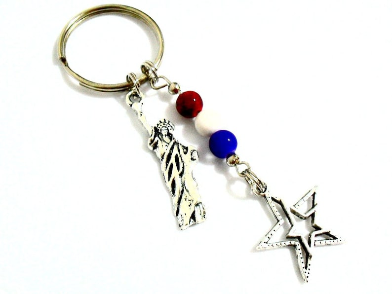 Patriotic Keychain, Statue of Liberty Key Chain, New York City Key Ring, USA American Flag Red White Blue Jewelry on Stainless Steel Keyring image 1