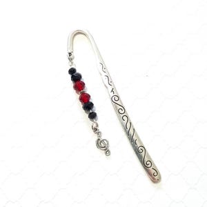 Music Note Bookmark,  Silver Tone Treble Clef Metal Book Mark, Red and Black Crystal Glass Beaded Book Jewelry Accessory, Music Teacher Gift