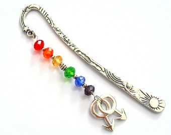 Rainbow Beaded Bookmark on Silver Tone Book Hook, Gay Pride LGBTQ Charm Pendant Metal Planner and Journal Accessories, Bead Book Jewelry