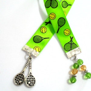 Tennis Ribbon Bookmark, Racquet Charm Book Jewelry, Tennis Player Bookmarker Gifts, Book Mark Accessories in Lime Green, Yellow and Black