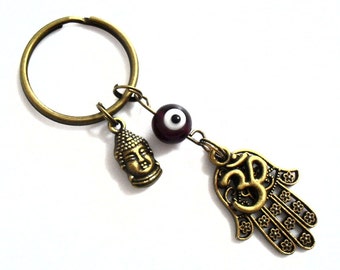 Hamsa Hand Keychain, Spiritual Om Charm and Buddha Charm Car Accessories, Black Evil Eye Bead Key Chain, Protection Against Evil, Yoga