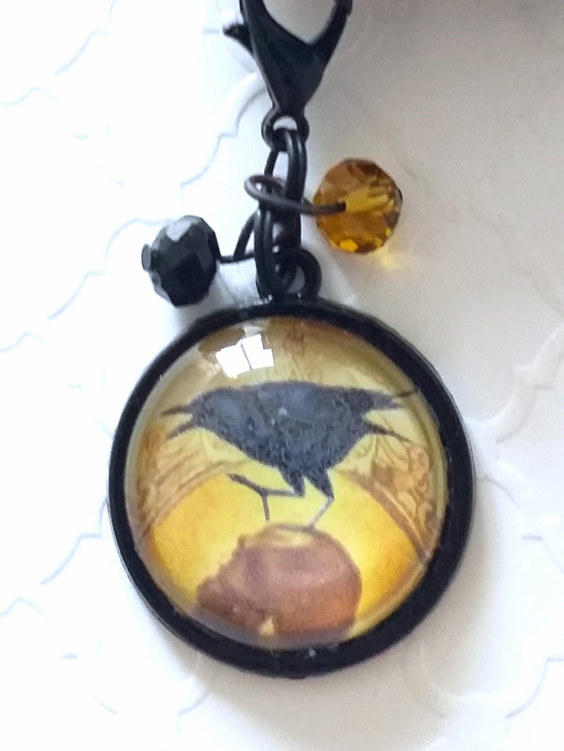 Puede incluir: Un amuleto de metal negro con una c&uacute;pula de vidrio que presenta una ilustraci&oacute;n vintage de un cuervo negro posado sobre una manzana marr&oacute;n. El amuleto est&aacute; adornado con cuentas negras y &aacute;mbar.