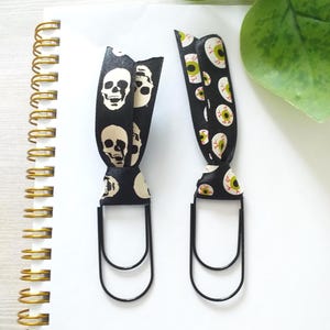 Halloween Ribbon Paperclips, Skulls and Eyeballs Wide Paper Clips, Black Bow Metal Bookmarks, Large Oversize Book Mark Attachment Clasps