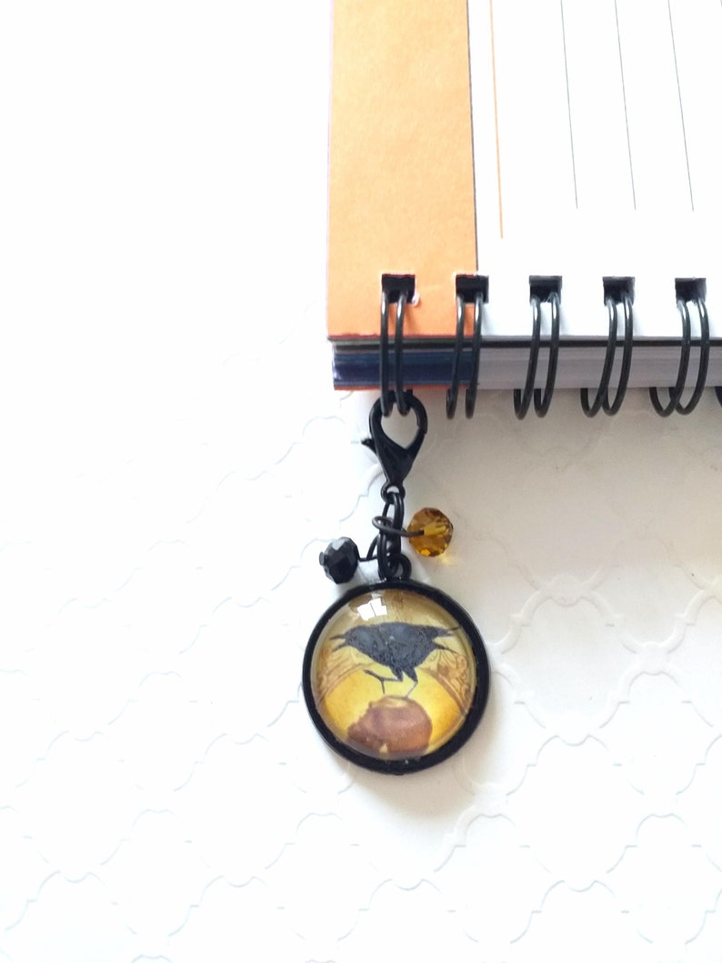 Crow or raven clip for spiral binder planners and calendars.  Black and honey crystal beads and a crow / raven perched on a skull art image.  Great accessory for a gothic look, Halloween accessory or for crow and raven enthusiasts.  The crow glass cabochon is 20mm in diameter and the total length measures 1 3/4 inches.