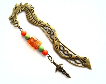 Dragon Metal Bookmark with Fantasy Sword Charm, Science Fiction Bookmark, Green and Orange Beaded Chinese Dragon Fantasy Novels Book Jewelry