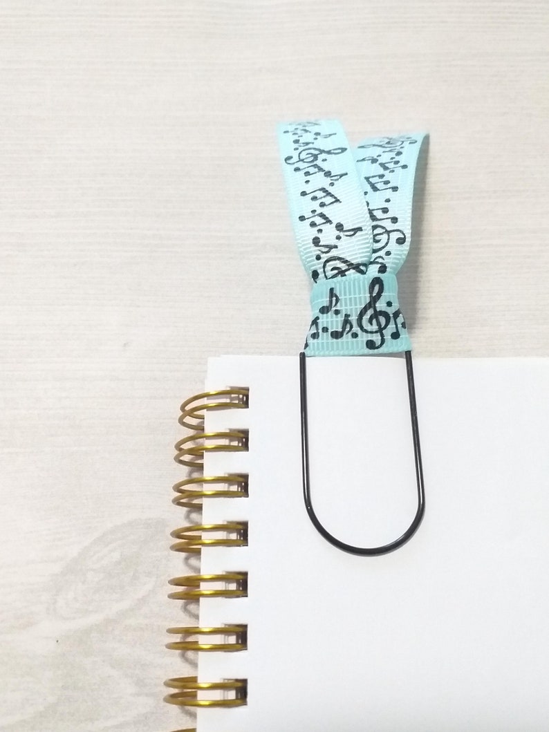Paperclip Ribbon Bookmarks Music Notes Ribbon Paperclip, Aqua Blue and Black Wide Paper Clip, Bow ...