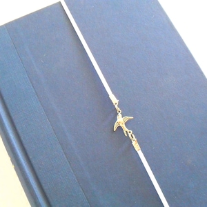 Sparrow or Swallow Bookmark on White Stretch Elastic Ribbon, Silver Bird Charm Book Thong, Bible Book Mark Accessories, Purity Symbol, Gifts