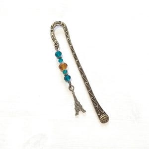 Paris Metal Bookmark, Bronze Eiffel Tower Charm Beaded Bookmarker, French Teacher Gifts, Teal and Yellow Crystal Glass Book Jewelry, Gifts
