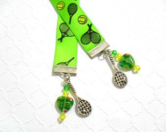 Tennis Ribbon Bookmark, Tennis Racquet Charm Book Jewelry, Tennis Player Gifts, Lime Green & Yellow Beaded Bookmarker, Summer Sports