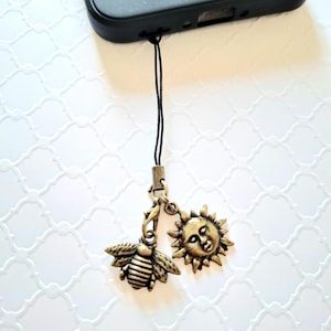 Correa con dije para teléfono, cordón con lazo para móvil, colgante tipo lazo para iPhone, accesorio para funda de teléfono Android, abeja y sol de bronce, regalos