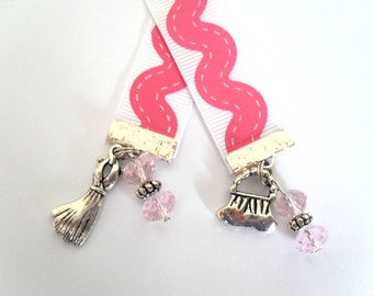 Fashion Bookmark, Bright Hot Pink Ribbon Feminine Book Mark, Silver Tone Purse and Dress Charms Beaded Accessories, Paper Accessory Gifts