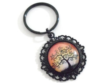 Tree of Life Keychain in Orange and Black, Glass Cabochon Bohemian Key Chain, Yoga Inspiration Bag Purse and Car Accessories, Boho Gifts