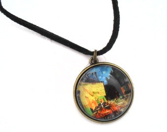Van Gogh Cafe Terrace Necklace, 25mm Glass Cabochon Painting Print Image Vegan Suede Leather Jewelry with Blue Crystal Bead Extension, Gifts