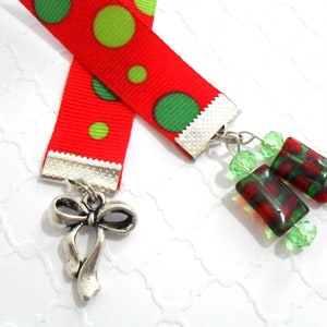 Christmas Ribbon Bookmark, Teacher Gifts, Red and Green Ribbon Bookmarker, Holiday Beaded Book Jewelry, Seasonal Christmas Ribbon Bow Charm image 1