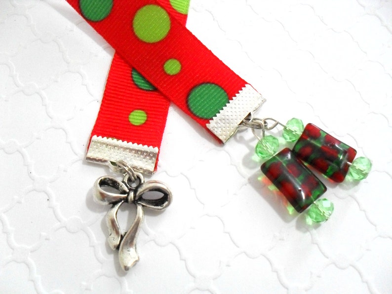 Christmas Ribbon Bookmark, Teacher Gifts, Red and Green Ribbon Bookmarker, Holiday Beaded Book Jewelry, Seasonal Christmas Ribbon Bow Charm image 1