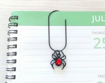 Black Spider Wide Paper Clip with Red Rhinestone, Gothic Charm Large Paperclip for Planners and Calendars, Spooky Halloween Goth Accessories