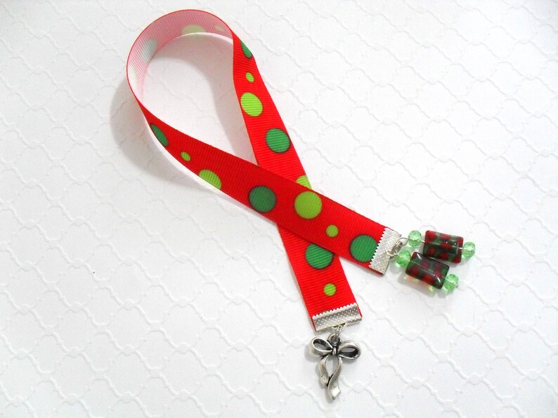 Christmas Ribbon Bookmark, Teacher Gifts, Red and Green Ribbon Bookmarker, Holiday Beaded Book Jewelry, Seasonal Christmas Ribbon Bow Charm image 2
