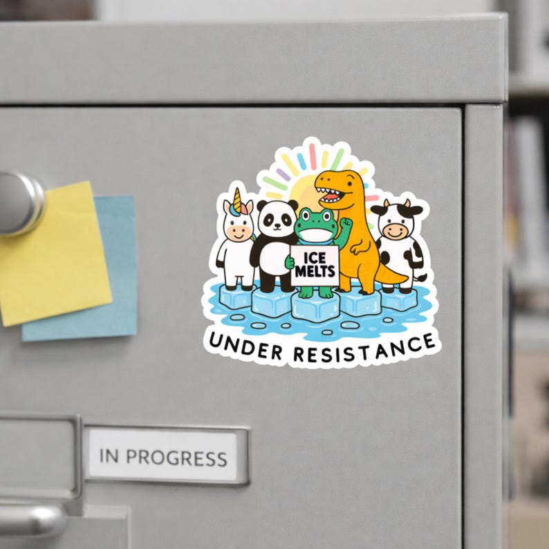 May include: A colorful sticker featuring a unicorn, panda, frog, dinosaur, and cow standing on ice cubes. The frog holds a sign that says "ICE MELTS". The text "UNDER RESISTANCE" is below the characters. A fun, whimsical design.