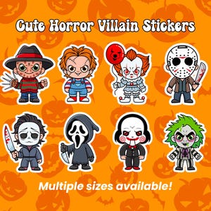 Kawaii Halloween Stickers – Cute Spooky Villains – Horror Movie Stickers - 2&quot; to 4&quot; Planner, Laptop & Water Bottle Stickers
