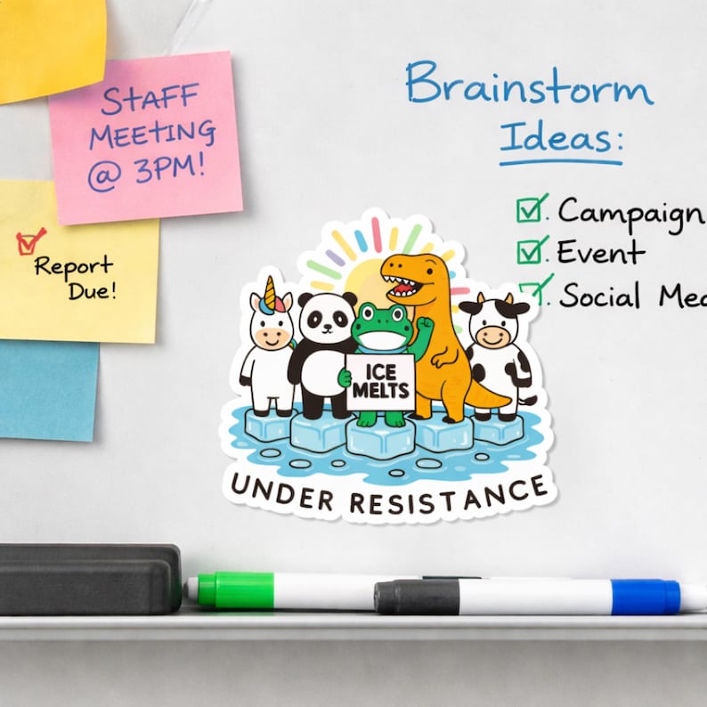 May include: A colorful sticker featuring a unicorn, panda, frog, dinosaur, and cow standing on ice blocks. The frog holds a sign that reads "ICE MELTS." The sticker also includes the text "UNDER RESISTANCE."