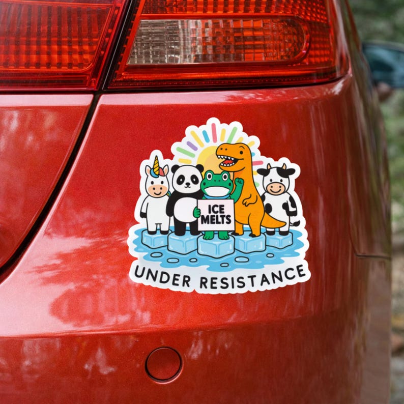 May include: A colorful sticker featuring a unicorn, panda, frog, dinosaur, and cow standing on ice cubes. The sun shines above them, and the text "ICE MELTS" is on a sign held by the frog. The words "UNDER RESISTANCE" are below.