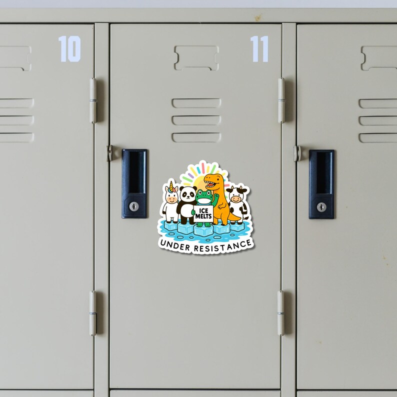 May include: A sticker featuring a group of cartoon characters, including a unicorn, panda, frog, dinosaur, and cow, standing on ice. The text "ICE MELTS" and "UNDER RESISTANCE" are also included.
