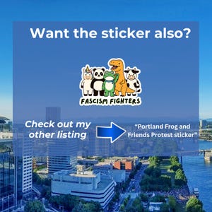Puede incluir: Imagen azul con el texto "Want the sticker also?" y "Check out my other listing". Presenta un dise&ntilde;o de pegatina con un unicornio, un panda, una rana, un dinosaurio y una vaca, con las palabras "FASCISM FIGHTERS".