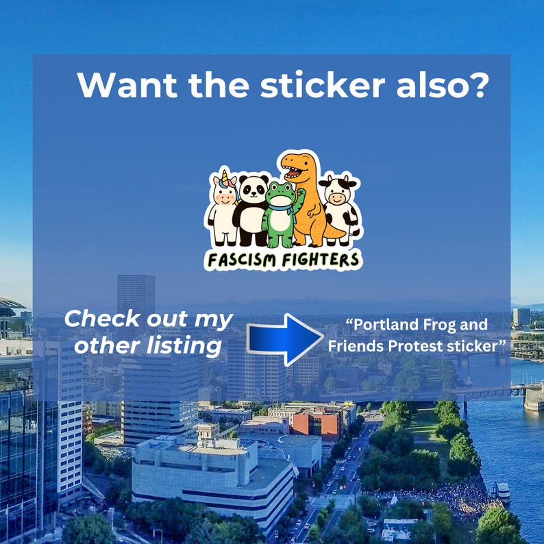 Puede incluir: Imagen azul con el texto "Want the sticker also?" y "Check out my other listing". Presenta un dise&ntilde;o de pegatina con un unicornio, un panda, una rana, un dinosaurio y una vaca, con las palabras "FASCISM FIGHTERS".