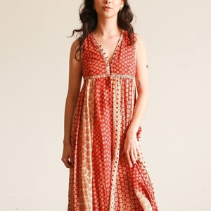 1970s Red Block Print Indian Cotton Maxi Dress