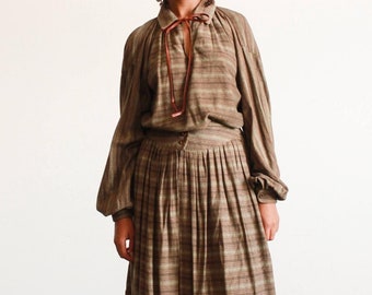 1970s Geoffrey Beene Striped Olive Wool Skirt Set