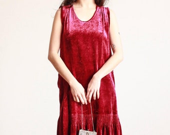 1920s Raspberry Silk Velvet Drop Waist Dress
