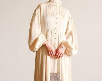 1970s Jean Muir Cream Silk Balloon Sleeve Gown