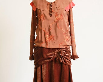 1920s Caramel Silk Embroidered Drop Waist Dress