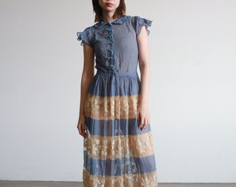 Antique Cerulean Silk Chiffon Lace Dress