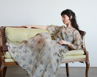 1930s Organza Floral Print Ruffled Gown
