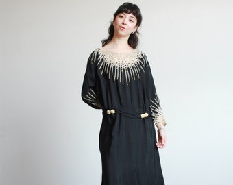 1920s Black Rayon Embellished Drop Waist Dress